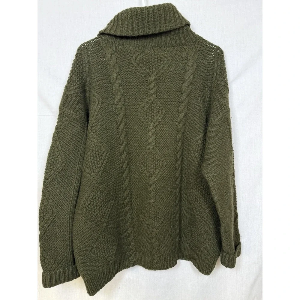 VTG Hand Knit Shetland Wool Cable Knit Turtleneck Sweater Womens M‎ Green Chunky